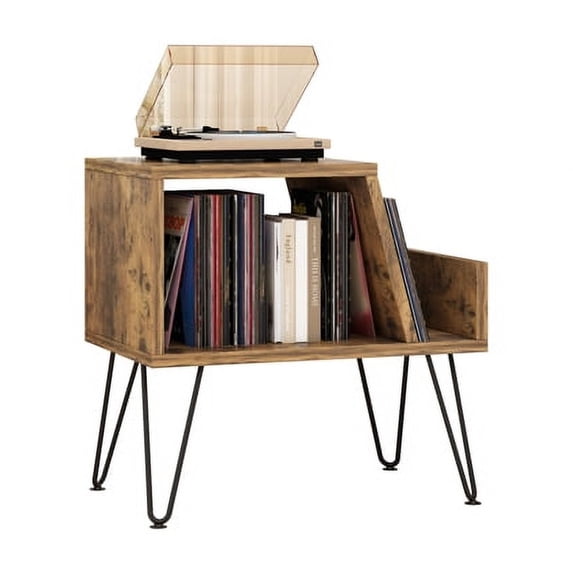 Al Fresco Large Record Player Stand, Vinyl Record Storage Table with Display Shelf Holds Up to 200 Albums, Turntable Stand for Living Room, Bedroom, Brown