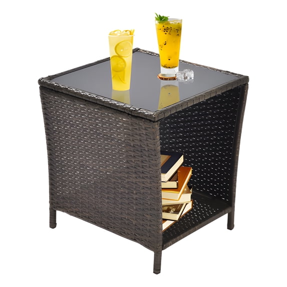 Al Fresco Outdoor Wicker Coffee Table Patio Furniture Garden Rattan 2-Layer Table with Storage & Glass Table Top, Black