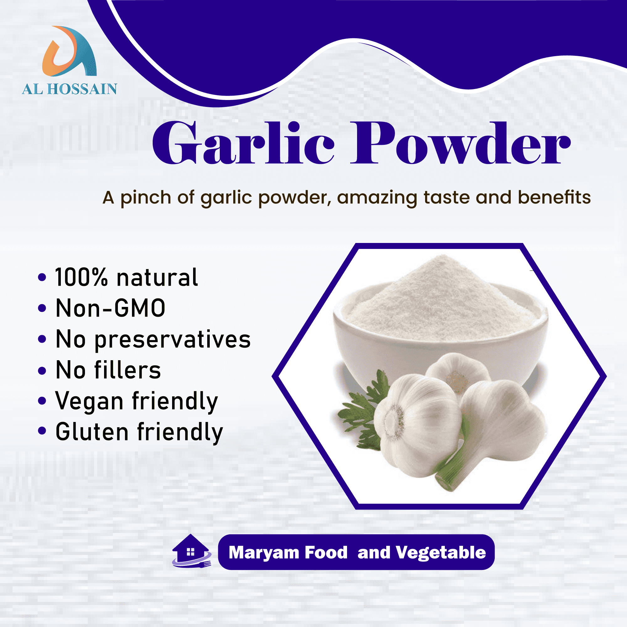 Al Hossain Indian Natural Garlic Powder bulk 11 LBS/ 5kg (176 oz). Gluten-Free. Garlic powder seasoning. Bold Flavor & Natural Aroma for Cooking.