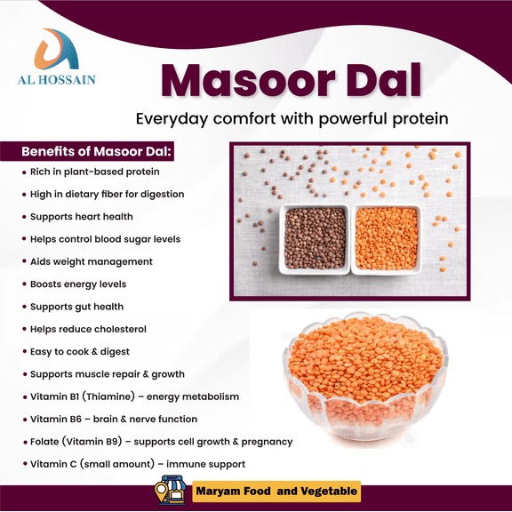 Al Hossain Whole Masoor Dal (Red Lentils) 1.10 lb (500g) Natural Whole Red Lentils, Vegan, Gluten-Free, High Protein & Fiber Lentils for Cooking