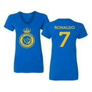 Al Nassr Soccer #7 Ronaldo Jersey Style Ladies' V-Neck Tshirt (Royal, Small)