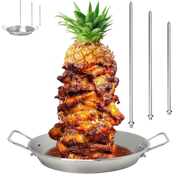 Al Pastor Skewer with Drip Pan, 10 Inch Vertical Meat Spit Rack, Stainless Steel Shawarma Grill Kit with 3 Removable Spikes, Compatible with Grill, Oven, Smoker and Outdoor BBQ