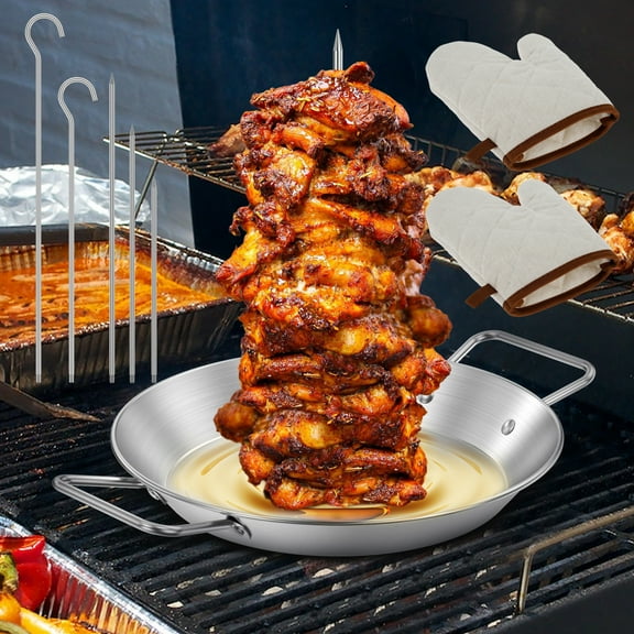 Al Pastor Skewer for Grill Stainless Steel Vertical Skewer with 3 Removable Spikes Grill Hooks Gloves Reusable Pastor Skewer Practical Vertical Spit Stand Vertical Skewer Pan for BBQ