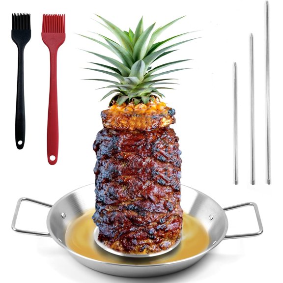 Al Pastor Skewer for GrillStainless Steel Vertical Skewer, Brazilian Spit Stand with 3 Spikes,2 Brushes,Ideal for Tacos Al Pastor,Shawarma, Kebabs on Smoker, Oven,with Fat Separator Tray