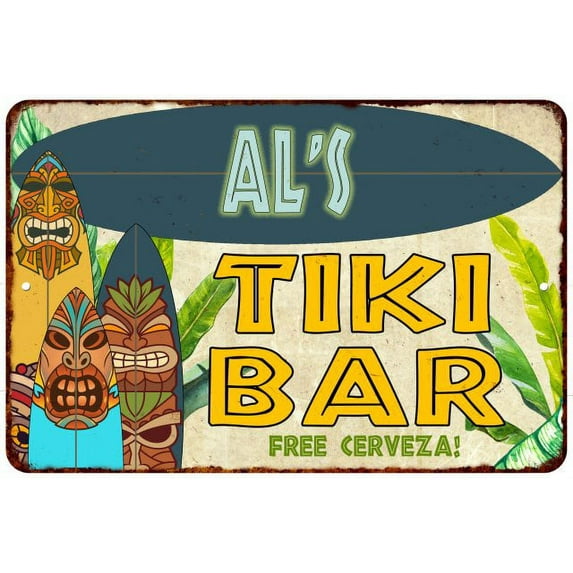 Al's TIKI BAR Sign Island Beach Ocean Metal Tin Metal Wall Decor 8 x 12 Matte Finish Metal 108120058020