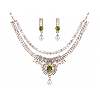 AlKhalil - Elegant Pearl & Gems Necklace and Earrings Set – Chain, Green Center S, Pearl Drops – Wedding, Party & Gift Jewelry for Women