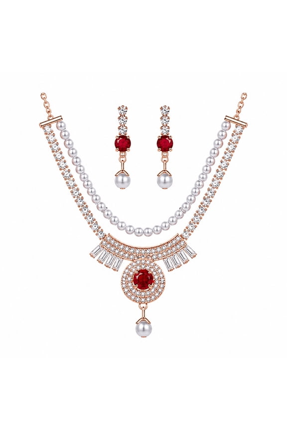 - Luxury Pearl & Ruby Crystal Necklace and Earrings Set – Elegant Bridal & Party Jewelry