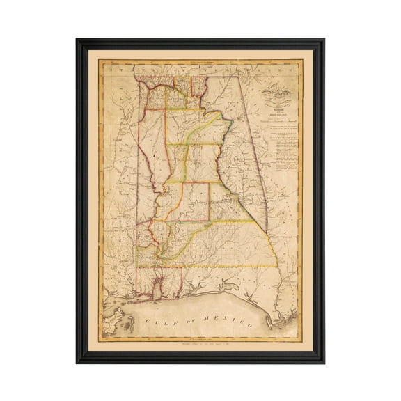 Alabama Art, 1818 Vintage Map of Alabama History Wall Decor Gift, Old Alabama Map - 18" x 24" Black Framed Print