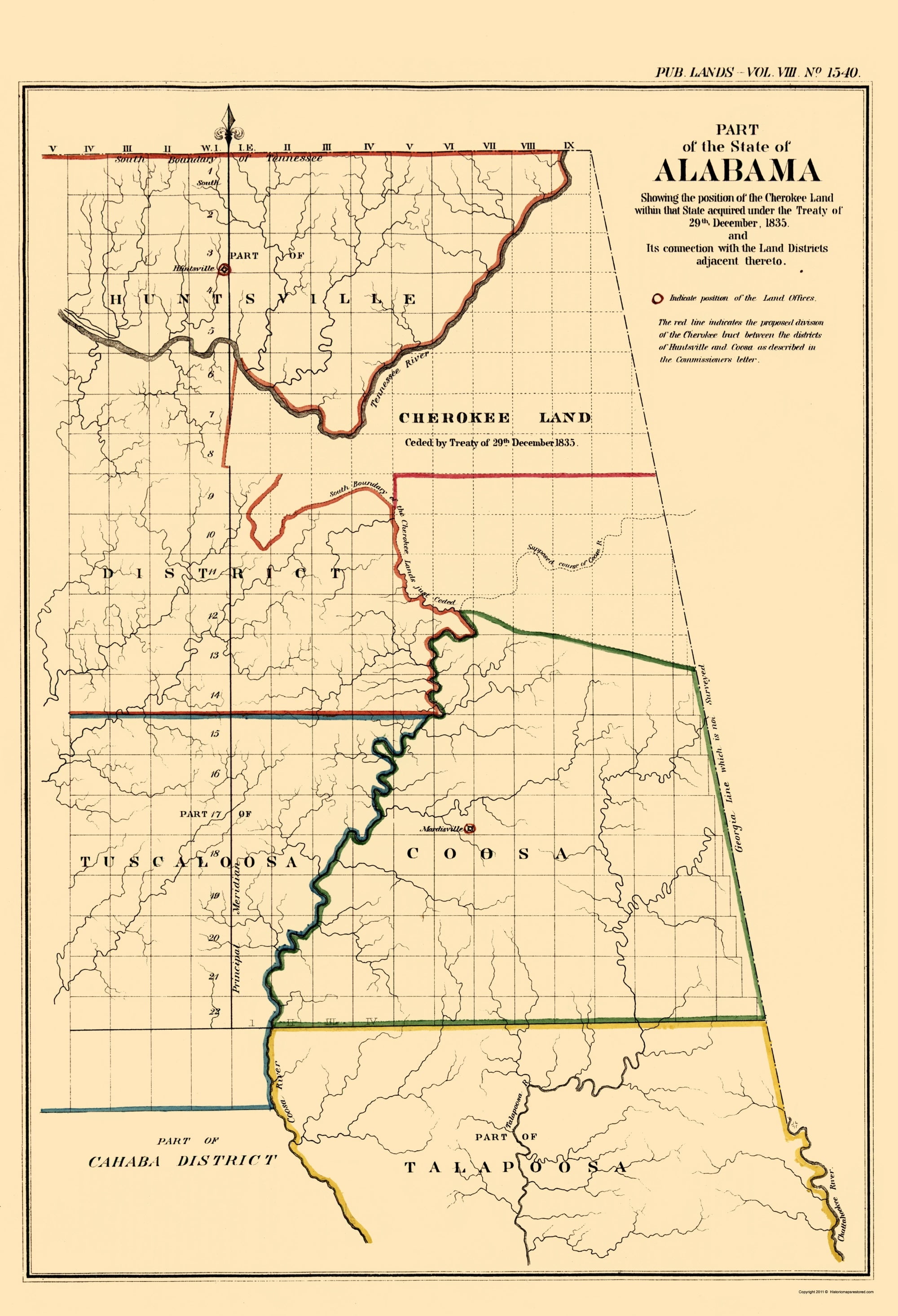Historic State Map - Alabama Cherokee Land Position - GLO 1835 - 23 x ...