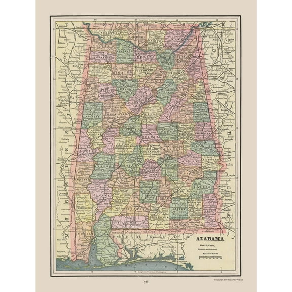 Historic State Map - Alabama - Cram 1892 - 23 x 30.41 - Vintage Wall Art
