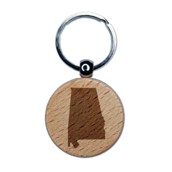 Alabama State Silhouette Round Keychain Charm Tag - Engraved Wood
