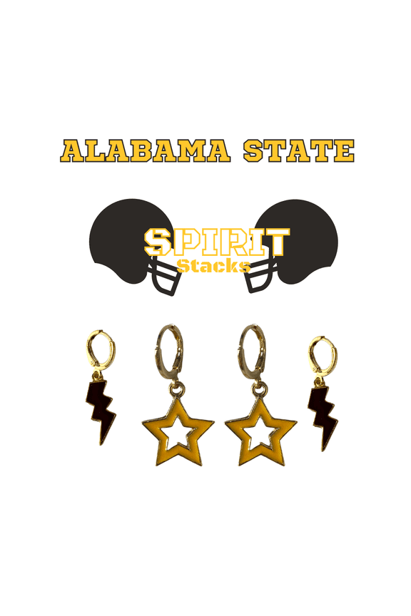 Alabama State University Spirit Stack black mini enamel bolts and golden yellow statement open starboys