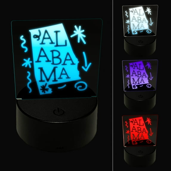 Alabama State with Text Swirls LED Night Light Sign 3D Illusion Desk Nightstand Lamp