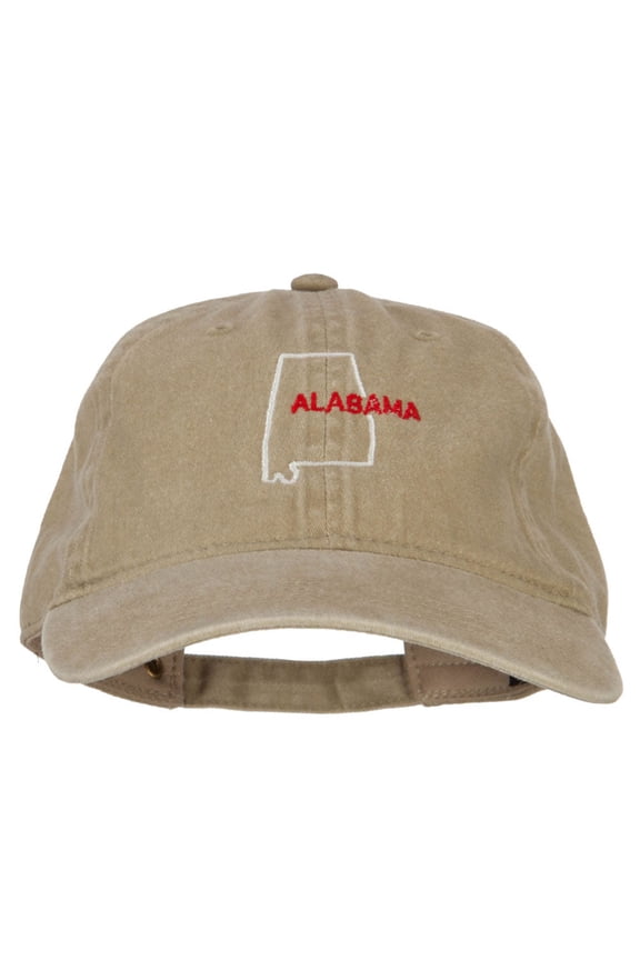Alabama with Map Outline Embroidered Washed Cotton Twill Cap - Khaki OSFM
