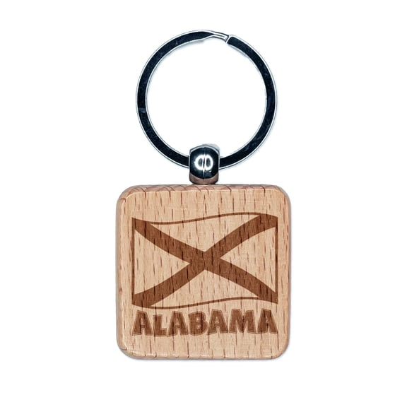 Alabama with Waving Flag Cute Square Keychain Charm Tag - Engraved Wood