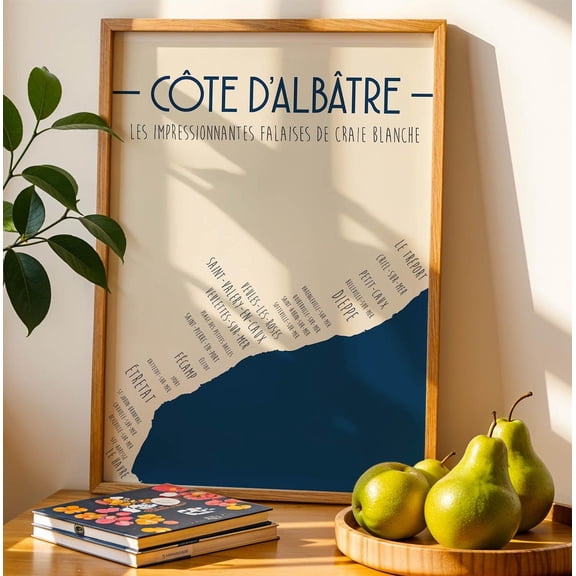 Alabaster Coast Poster, Normandy Coastal Map, Unframed Paper Poster 8x10in
