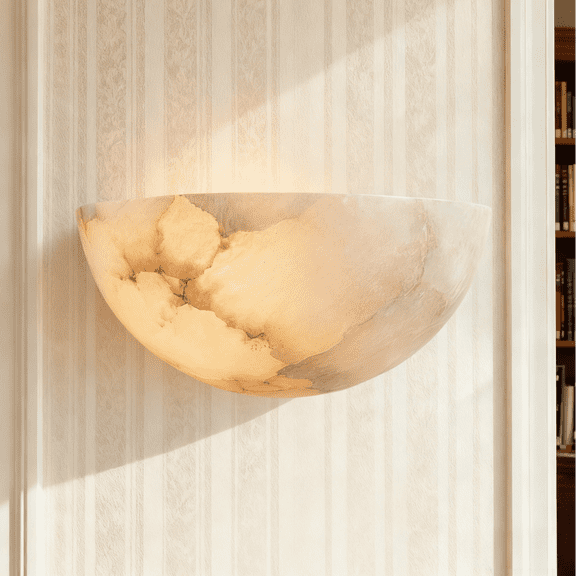 Sturdy Semicircular Brass Alabaster Sconce, Rustic Elegance Wall Light, Natural Stone Wall Sconce for Living Room, Dining Room, Bedroom, Entryway, Hallway