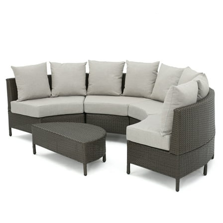 Alacati Outdoor 5 Piece Wicker Sofa Set with Grey Water Resistant Fabric Cushions, Light Brown
