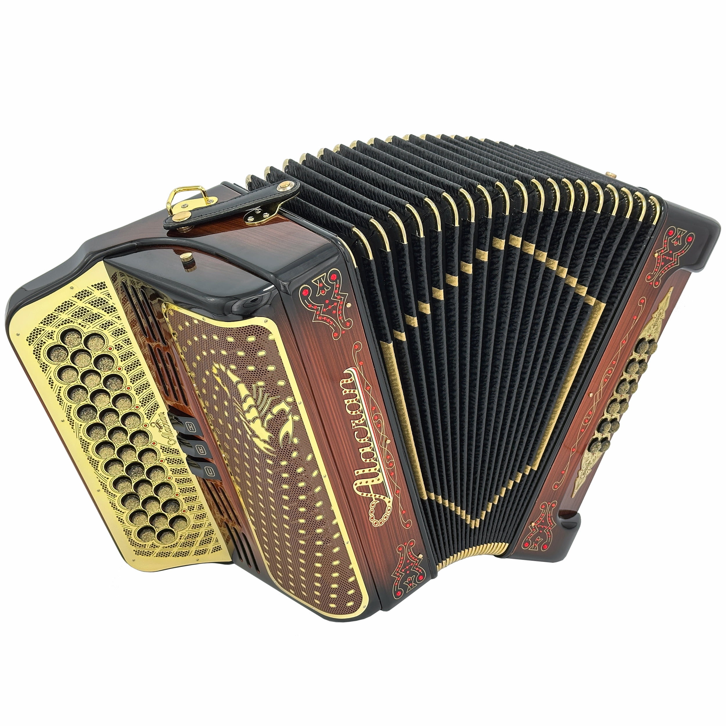 Alacran Accordion 34 Button 12 Bass 3 Switches FBE Brown Wood Stain