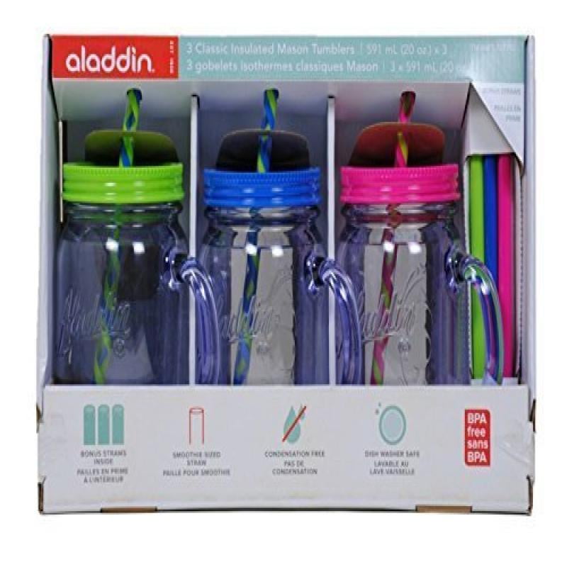 Mason Jar Style Drinkware Aladdin 3-Pack Mason Jar Tumblers With Lids &  Straws - 20 Oz, Green Blue Pink Lid And Straw Included