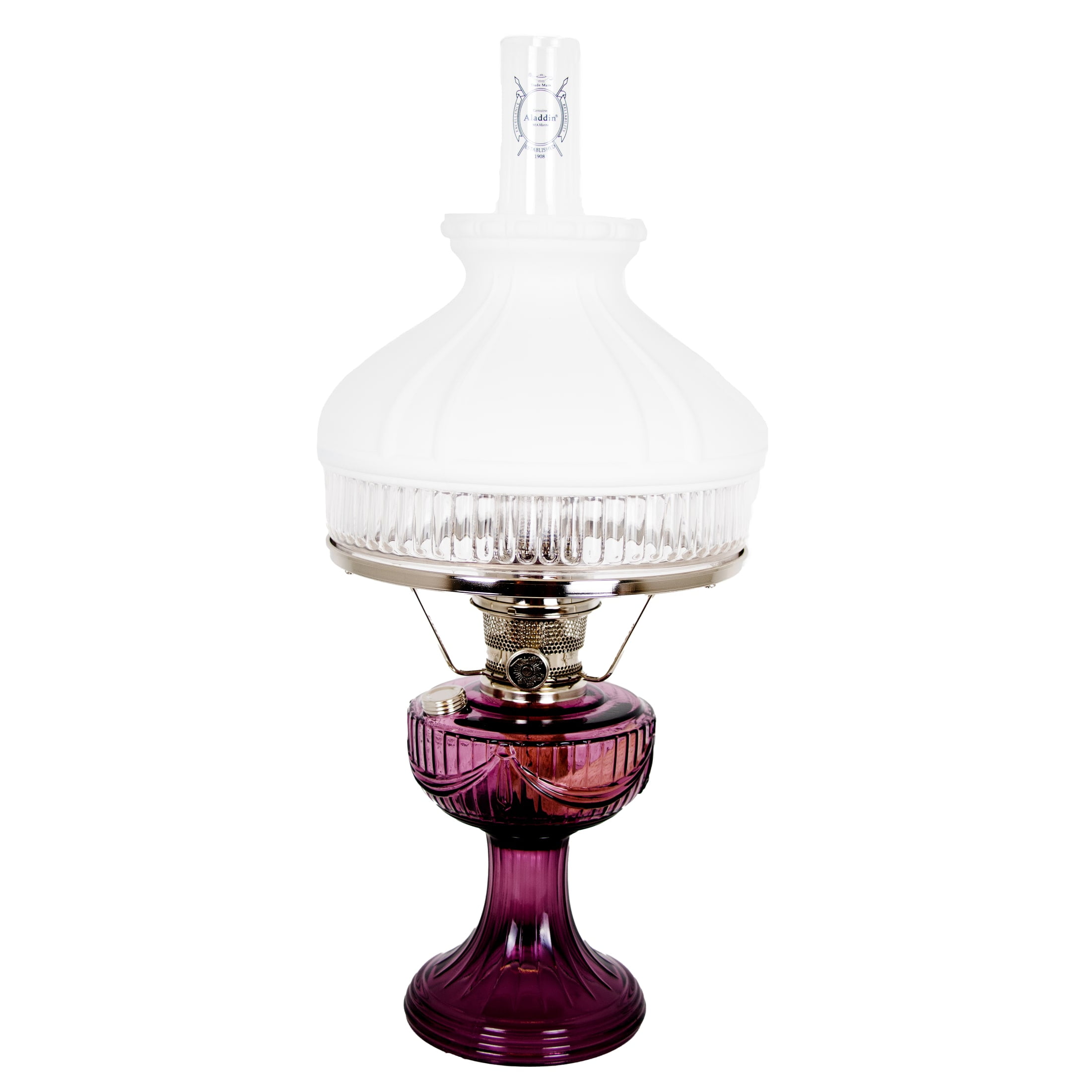 Amethyst Glass Oil Lamp with White Shade and Nickel Base