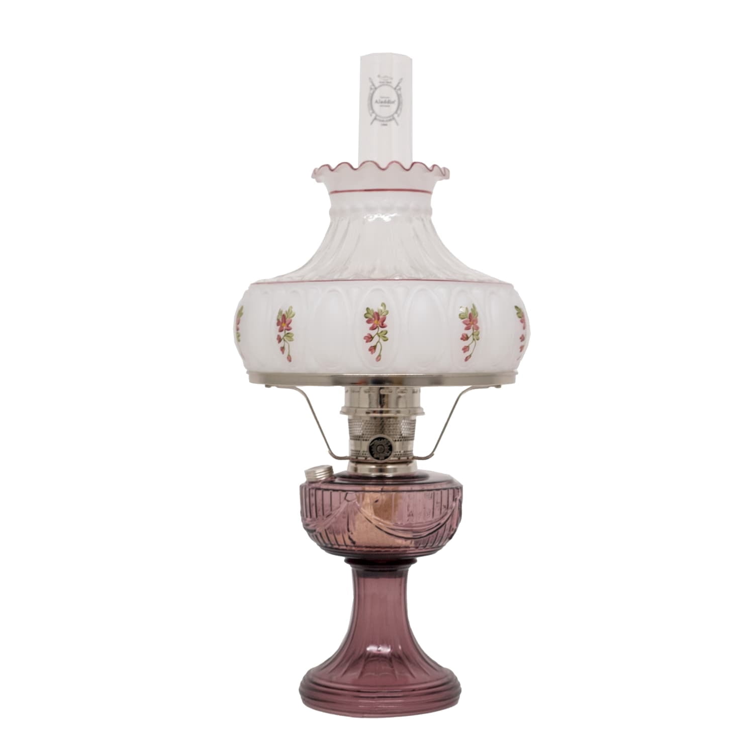 Aladdin Amethyst Lincoln Drape Table Oil Lamp with Rose Shade and Nickel Trim, Classic Vintage Design and Bright Illumination