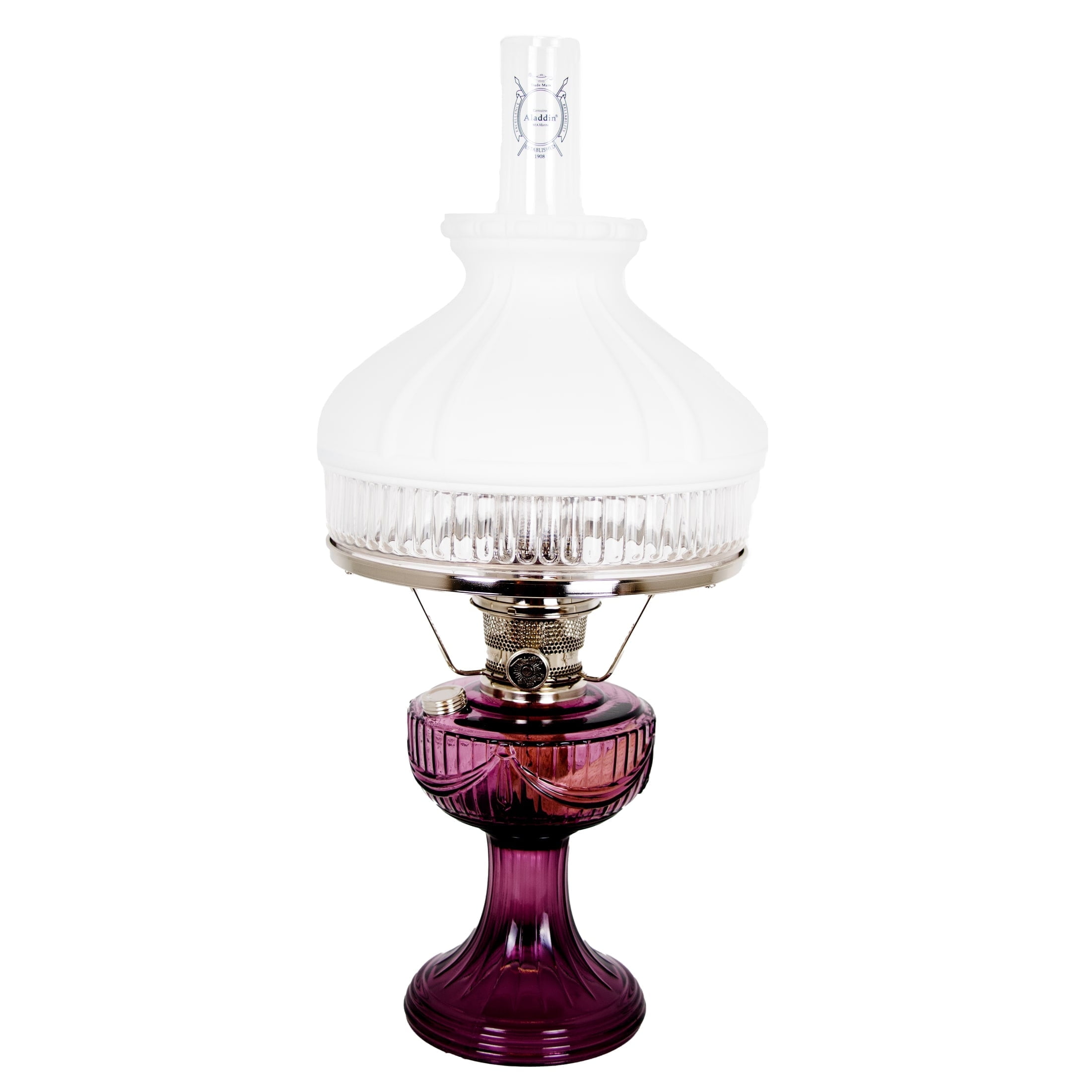 Aladdin Amethyst Lincoln Drape Table Oil Lamp with White Glass Shade, Nickel