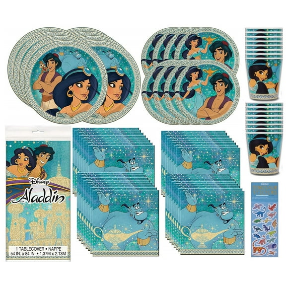 Aladdin Birthday Party Supplies Bundle Pack includes 16 Dessert Cake Plates, 16 Lunch Plates, 32 Lunch Napkins, 16 Paper Cups, 1 Table Cover