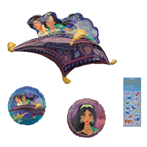 Aladdin Birthday Party Supplies Bundle includes 1 SuperShape Mylar Foil Balloon 42", 2 Mylar Foil Balloons 18", 1 Dinosaur Sticker Sheet