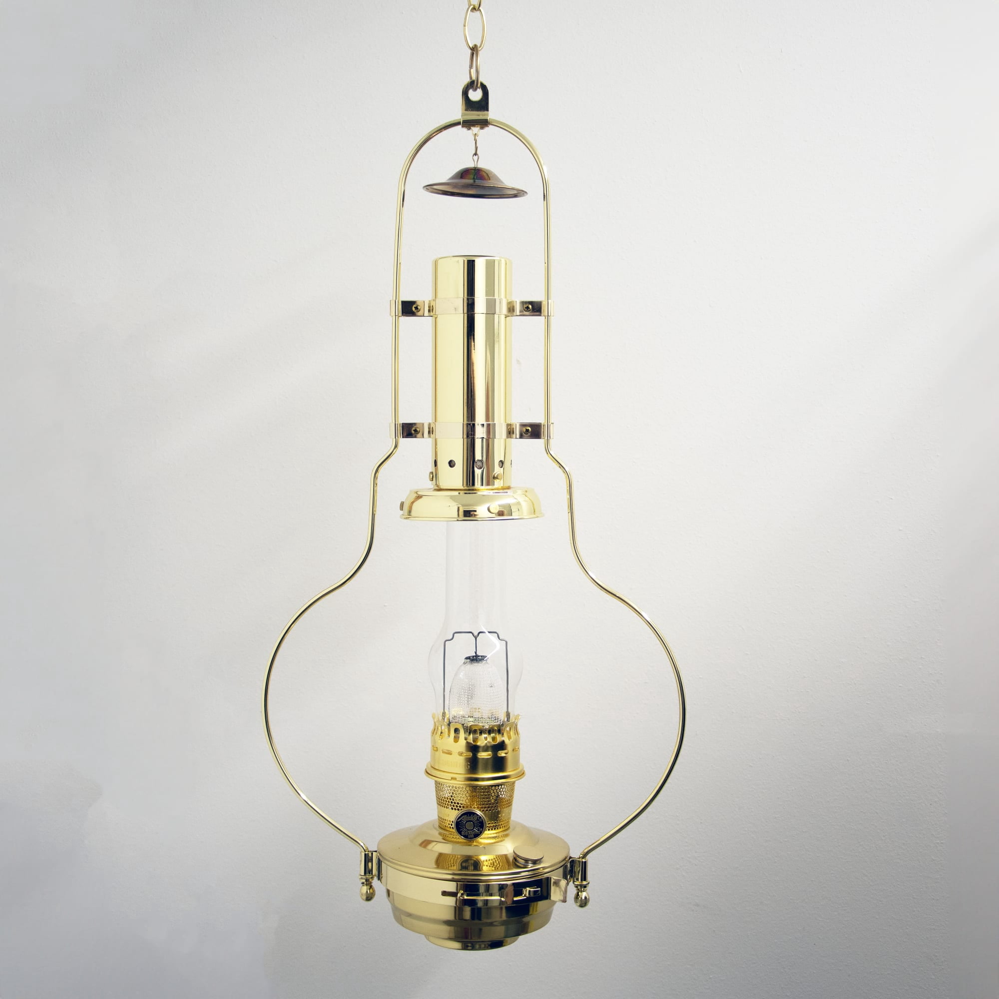Aladdin Brass Hanging Oil Lamp with Larger Fuel Tank, Genie III Chandelier for Homesteaders or Emergencies, 28 in tall, Brass Trim