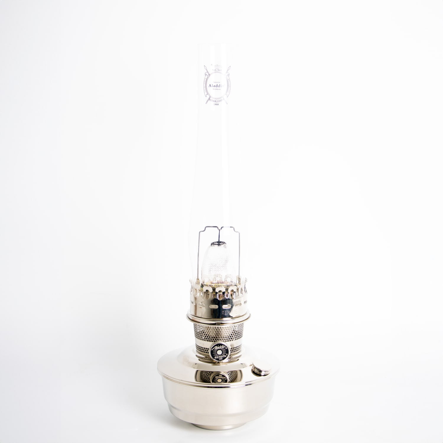Aladdin Chrome Shelf Oil Lamp, Indoor Emergency Lighting for Shelf, Table or Hanging, Chrome-Plated Bowl with Nickel Burner