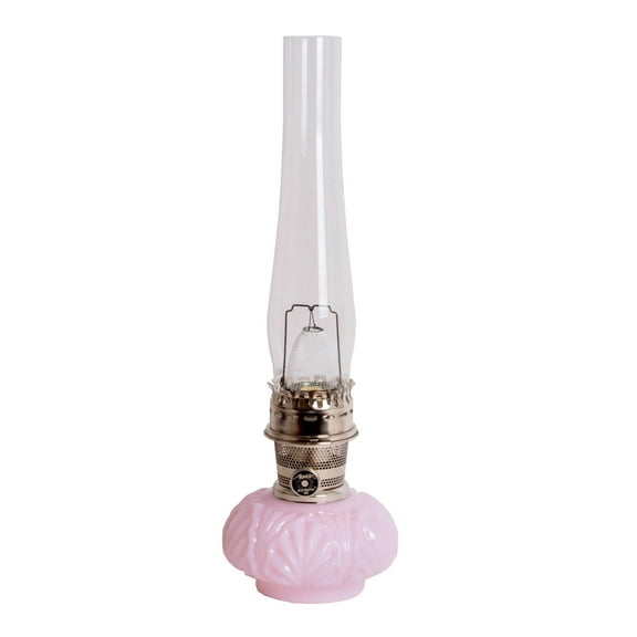 Aladdin Crown Tuscan Genie II Oil Lamp for Shelf or Table, Indoor Emergency Lighting, Limited Edition in Pink Glass with Nickel Burner