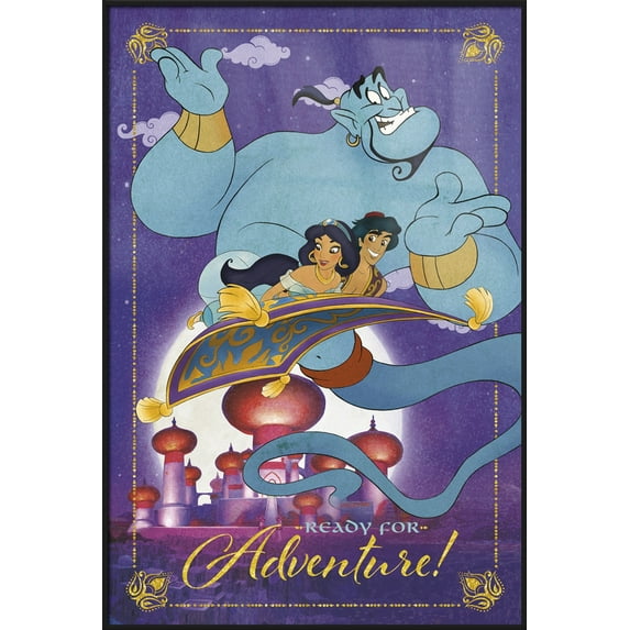Aladdin - Framed Classic Disney Movie Poster (Ready For Adventure - Aladdin & Jasmine & Genie) (Size: 24" X 36") (Black Aluminum Frame)