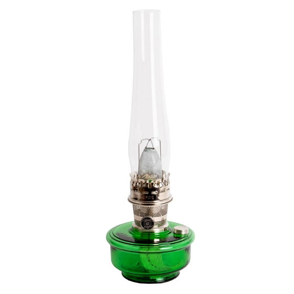 Aladdin Genie III Oil Lamp, Indoor Emergency Lighting for Shelf, Table or Hanging, Emerald Green Glass Bowl with Nickel Burner
