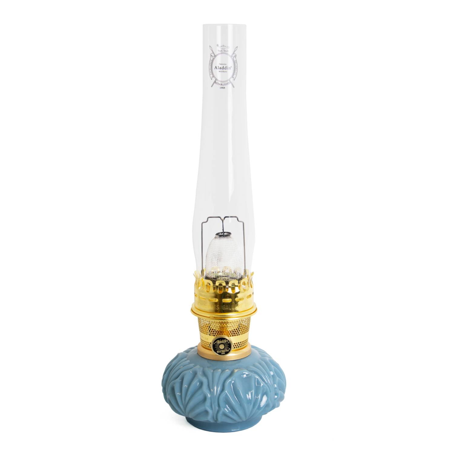 Aladdin Georgia Blue Genie II Oil Lamp for Shelf or Table, Indoor Emergency Lighting, Limited Edition in Blue Glass with Brass Burner