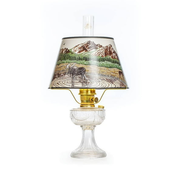 Aladdin Lincoln Drape Oil Lamp, Clear Glass Indoor Fuel Lamp with Rocky Mountain High Shade, Brass Trim