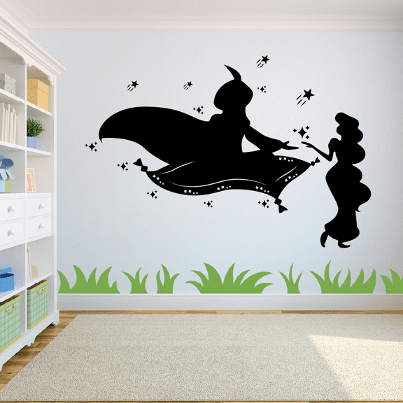 Aladdin And Princess Jasmine Disney Movie Character Magic Carpet Flying Silhouette Vinyl Wall Art Sticker Decal Home Kids Room Boys Girls Room Nursery Room Décoration Design Decor Size (24x40 inch)