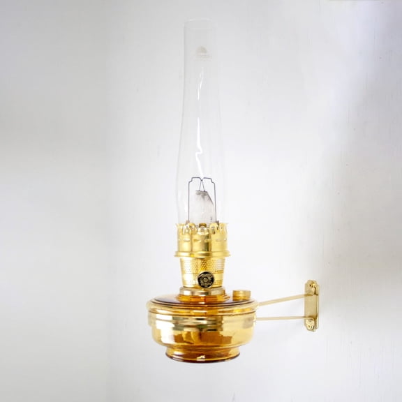 Aladdin Wall Mount Oil Lamp, Genie III Regency Fuel Lighting for Homesteaders or Emergencies, Amber Glass, 19.5 inches tall, Brass Trim