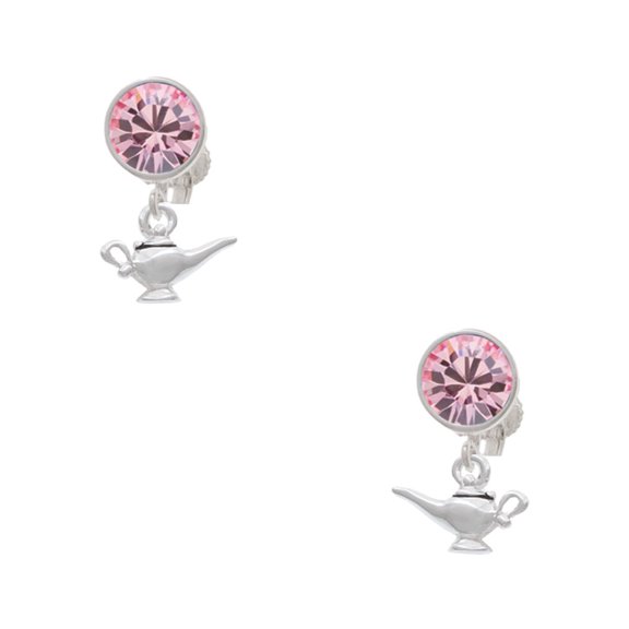 Delight Jewelry Silvertone Aladdin's Lamp Pink Crystal Clip on Earrings