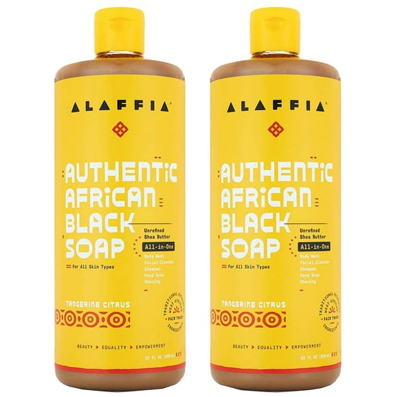 Alaffia Skin Care, Authentic African Black Soap, All in One Body Wash, Face Wash, Shampoo & Shaving Soap with Fair Trade Shea Butter, Tangerine Citrus, 2 Pk - 32 Fl Oz Ea