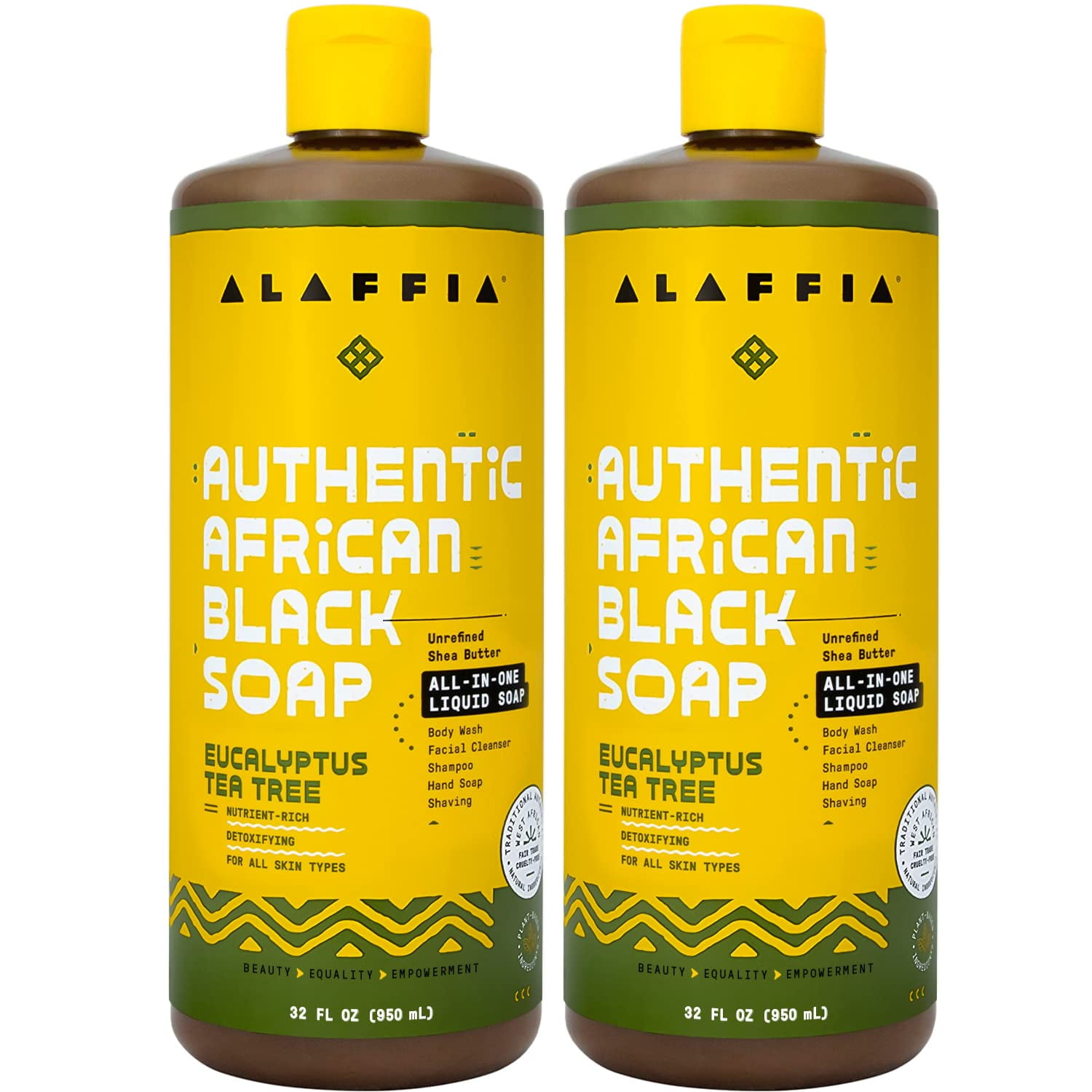 Alaffia Skin Care, Authentic African Black Soap, All In One Liquid Soap, Acne Face Wash, Moisturizing Body Wash, Shampoo, Shaving Soap, Shea Butter, Eucalyptus Tea Tree (2 Pack - 32 Fl Oz Ea).
