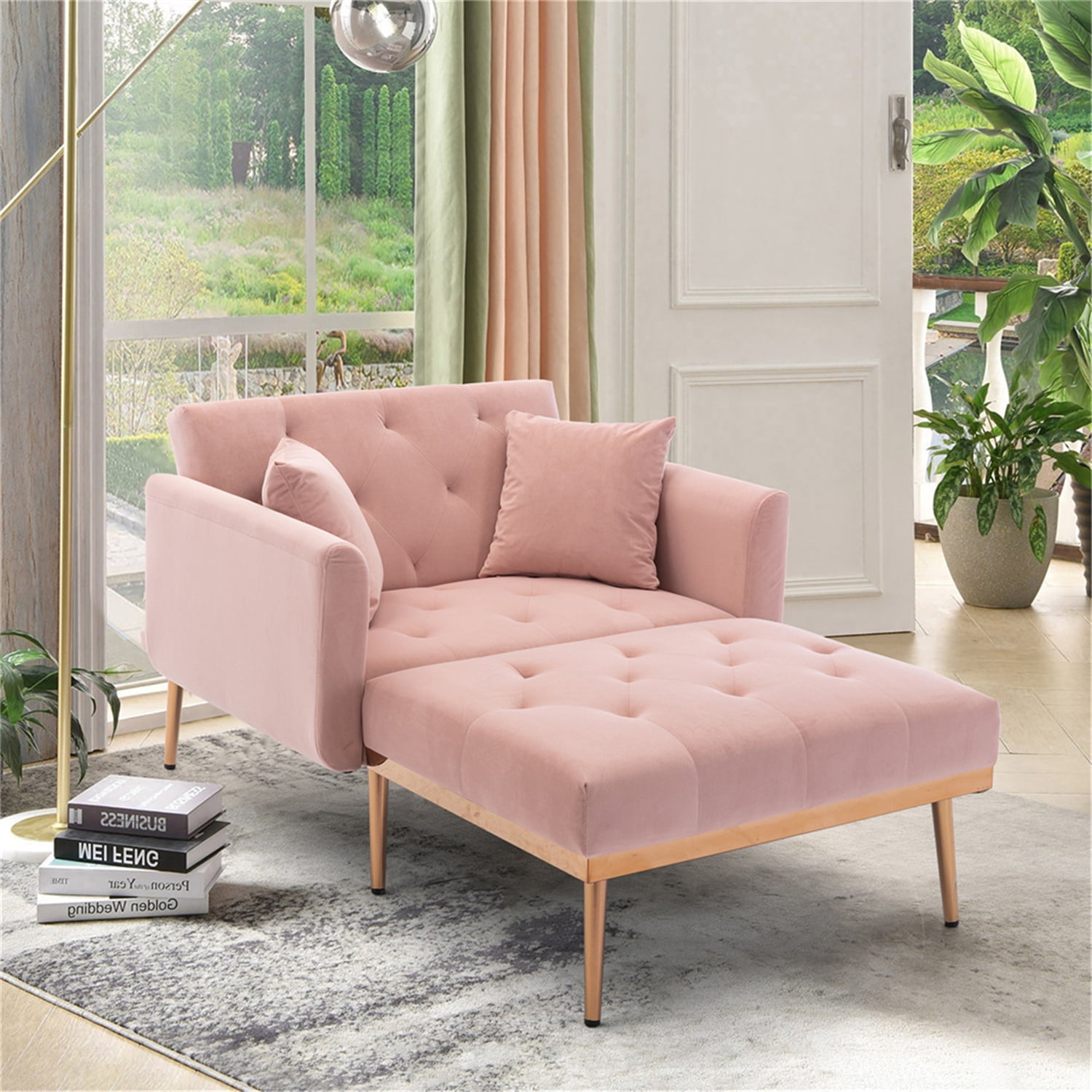 Alahomora Velvet Chaise Lounge, Lounge Recliner Chair with Thick Padded Back  Cushion for Living Room (Pink) 