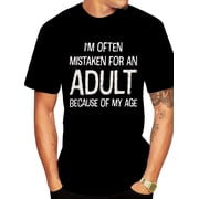 Alai Selection MenS Round Neck Print T-Shirt - Features a Humorous Design Saying I Often Get Mistaken for an Adult, Machine Washable, Casual Tee with Fun Quotes, Humorous Slogans