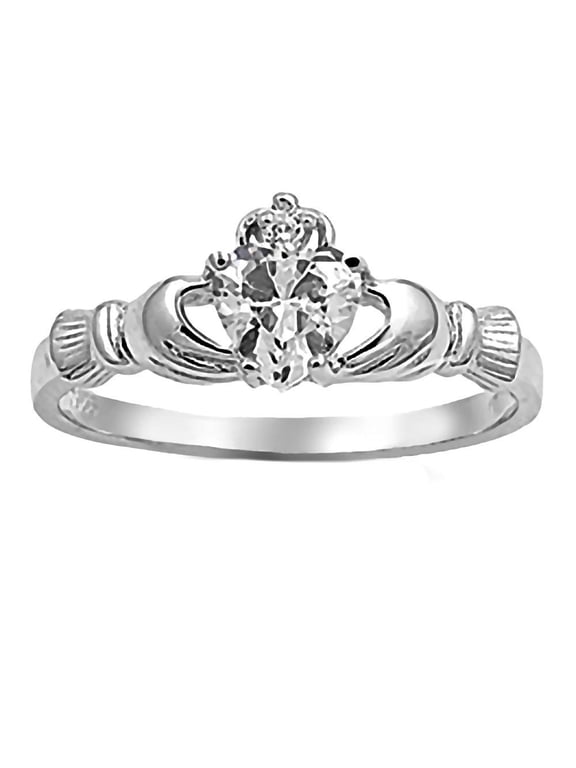Alaina: 0.765ct Heart cut Russian Ice on Fire CZ Claddagh Ring 925 Silver sz 4.0