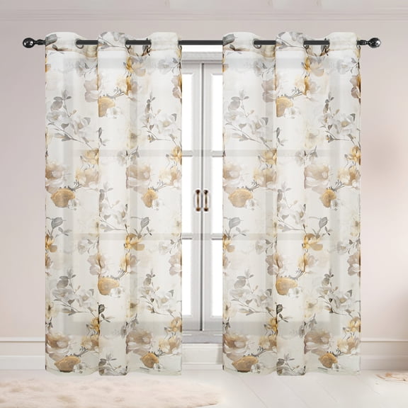 Alaina 2 Pack Floral Sheer Voile Grommet Window Curtain Panel, Gold, 37x84 Inches