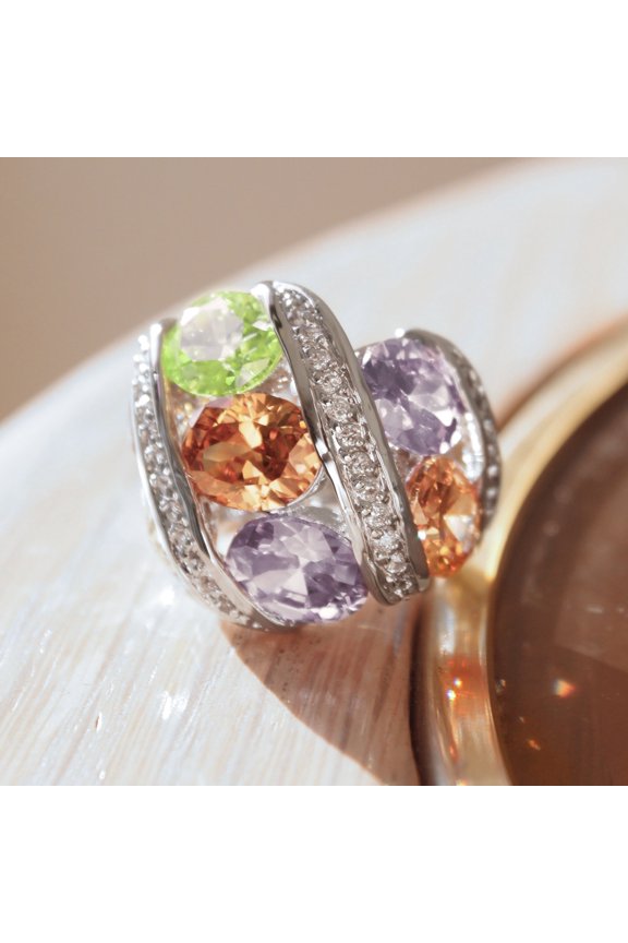 Alaina Cocktail Ring - Rhodium Brass, AAA CZ , Multi Color - 6X019