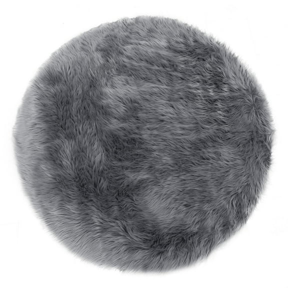 Alair Gray Round Faux Fur Area Rug 4 Foot Wide