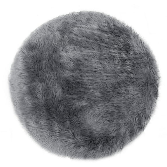 Alair Gray Round Faux Fur Area Rug 5 Foot Wide