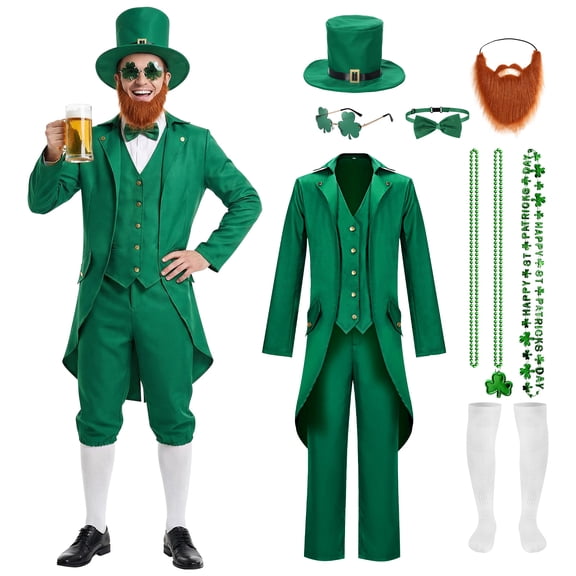 Alaiyaky 10 Pcs St Patrick's Day Costume Set Men's Leprechaun Suit with Green Tailcoat Pants Socks Hat Shamrock Necklaces Glasses Bow Tie Beard for Irish Cosplay