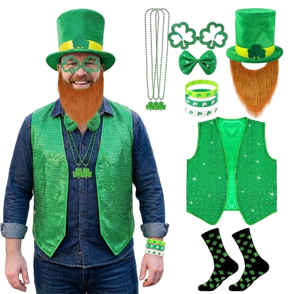 Alaiyaky 12 Pcs St Patrick's Day Costume Adult Green ST Patrick Day Costume Set Shamrock Hat with Faux Mustache St. Patrick Vest Beaded Shamrock Necklaces for Irish Party Decor